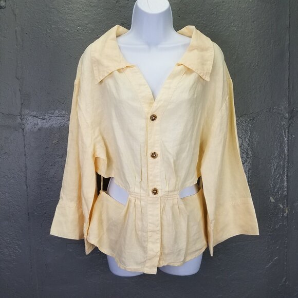 DL1961 Celeste Shirt Women's L Linen Wide 3/4 Sleeve Cut-Out Collared Yellow NEW - Picture 1 of 16
